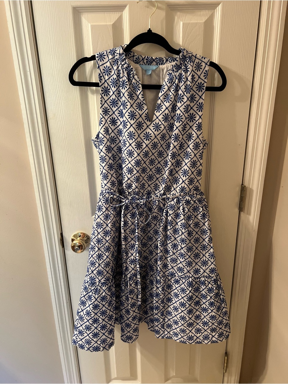 Draper James Sleeveless White and Blue Dress